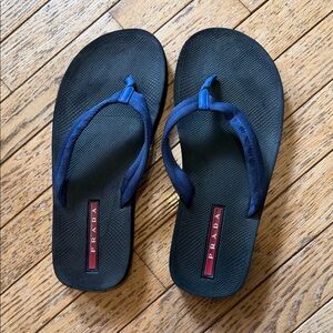 Prada Black Flip-Flop Sandals with Blue Straps